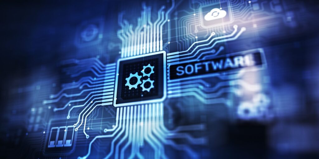 Ein digitalisiertes Bild eines Computerchips mit Software-Symbolen. Software Update Over The Air verbessert die Effizienz und Sicherheit durch automatisierte Updates.