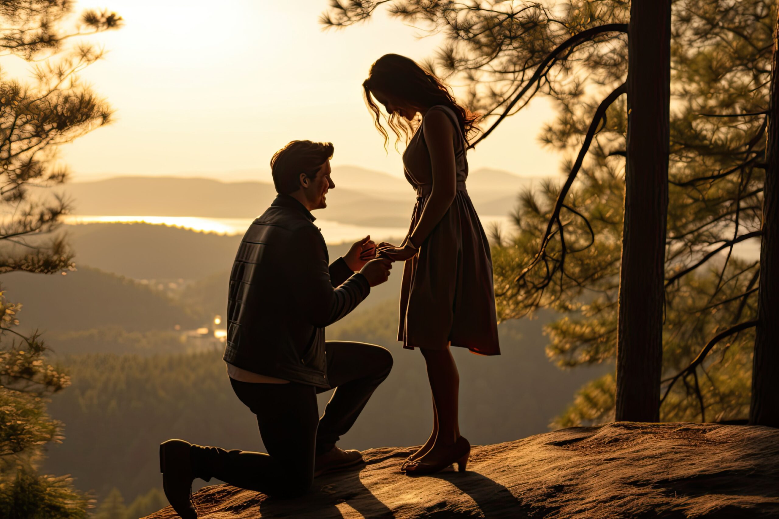 Heiratsantrag bei Sonnenuntergang auf Felsen – Mann kniet mit Verlobungsring vor Frau in romantischer Naturlandschaft