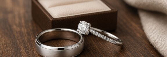 Verlobungsringe Silber auf Holztisch mit Etui und Stoff