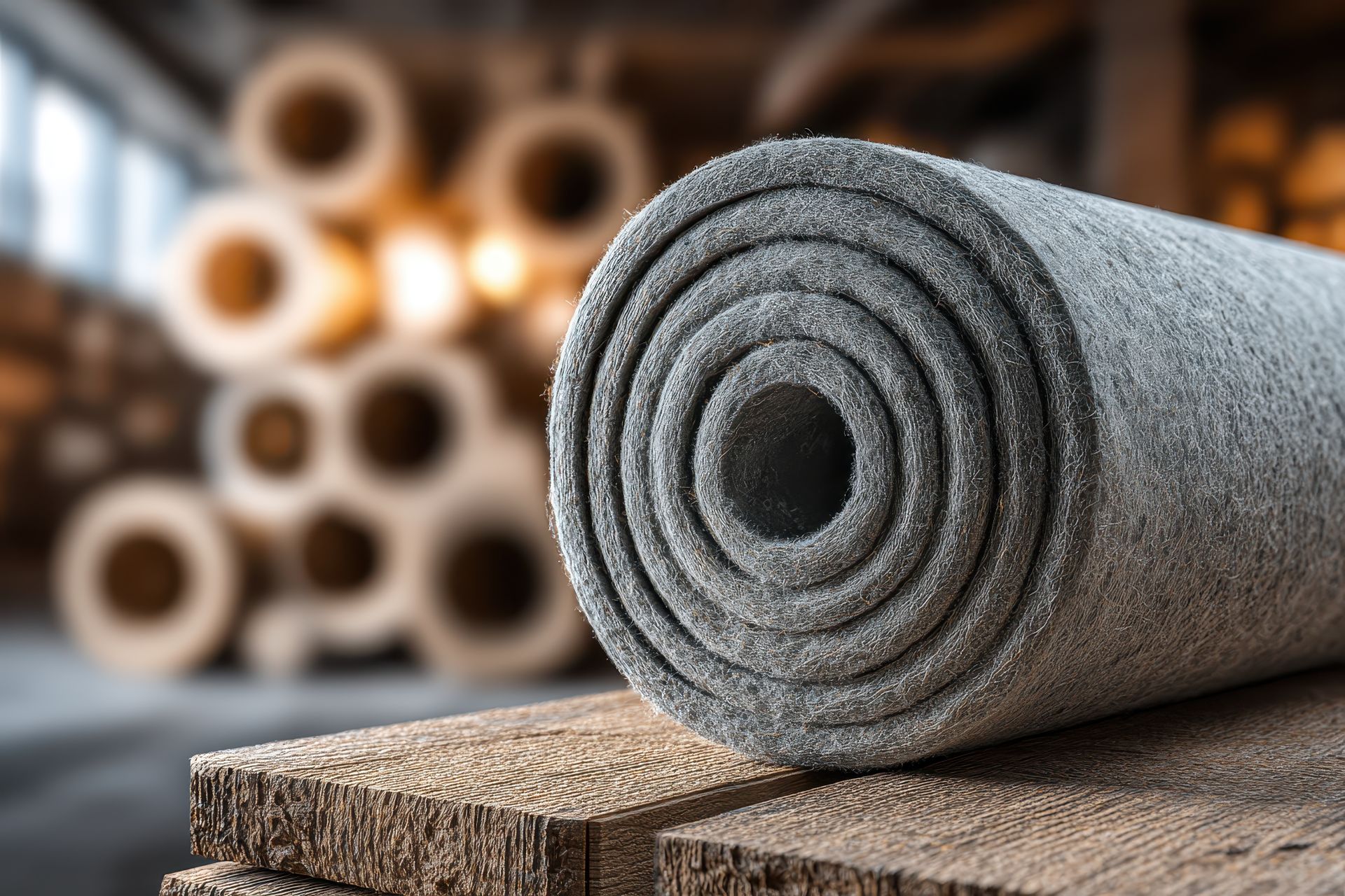 Rolle aus Mineralwolle auf Holzpalette – typisches Daemmmaterial fuer den Kern eines mobilen Schallschutzzauns auf Baustellen
